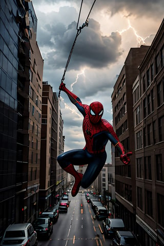 Photorealistic, Spider-Man, facial portrait, swinging through the buildings, streets below, cars driving, crowds walking, cloudy sky, lightning 