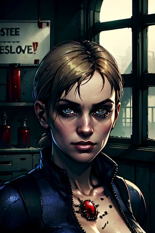 jill valentine (resident evil 5), facial portrait, sexy stare, smirked, inside lab, umbrella signs, zombies in the window