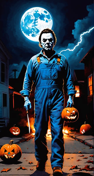 Michael Myers, facial  portrait, blue overall, walking through the sidewalk, small town, streets burning, light pumpkins though out the street, cloudy sky, lightning, full moon, butchers knife on one hand, 