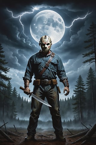 Jason Voorhees, (holding machete), inside forest, cloudy sky, lightning, full moon, 