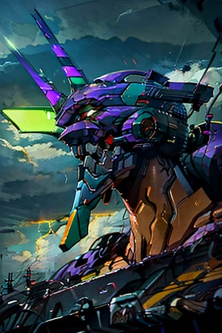 Neon Genesis Evangelion's, unit 01, facial portrait,  futuristic buildings, cloudy sky, lightning, evangelion mecha, 