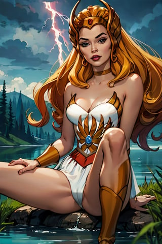 she-ra, naked, facial portrait, sexy stare, anal portrait, Spreading legs, laying on top of hill, forest, lake, cloudy sky, lightning, 
