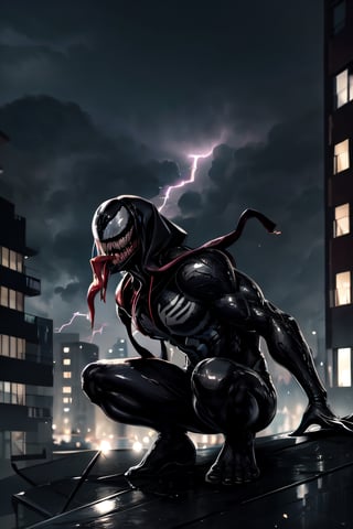 Venom, black costume, facial portrait, crouched, On top  of the building, streets below, cars driving, crowds walking, cloudy sky, lightning , venom