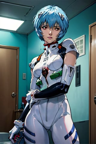 Neon Genesis Evangelion's Rei Ayanami, facial portrait, sexy stare, smirked, inside room, dark, ,ayanamirei