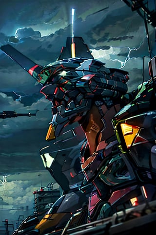 Neon Genesis Evangelion's, facial portrait,  futuristic buildings, cloudy sky, lightning, evangelion mecha, 