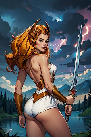 she-ra, naked, facial portrait, sexy stare, smirked, on top of  hill, looking down forest, lake, cloudy sky, lightning, holding her sword of power, butt shot 