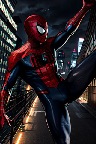Spider-Man, facial portrait, swinging through the buildings, streets below, cars driving, crowds walking, cloudy sky, lightning ,spider-man costume