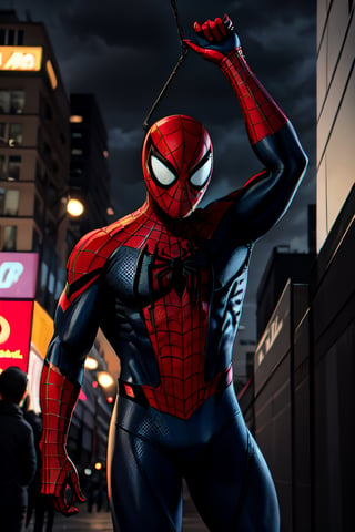 Spider-Man, facial portrait, swinging through the buildings, streets below, cars driving, crowds walking, cloudy sky, lightning ,spider-man costume