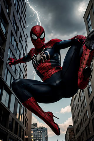 Photorealistic, Spider-Man, facial portrait, swinging through the buildings, streets below, cars driving, crowds walking, cloudy sky, lightning 