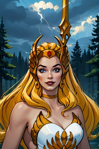 she-ra, naked, facial portrait, sexy stare, smirked, on top of  hill, looking down forest, lake, cloudy sky, lightning, holding her sword of power