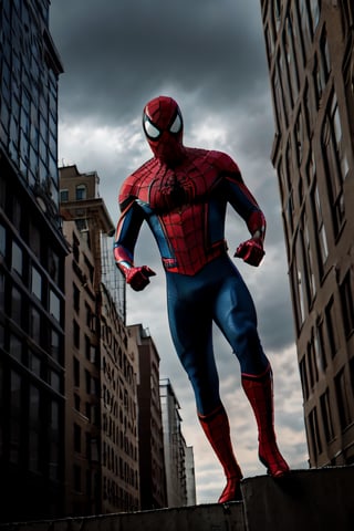 Photorealistic, Spider-Man, facial portrait, swinging through the buildings, streets below, cars driving, crowds walking, cloudy sky, lightning ,spider-man costume