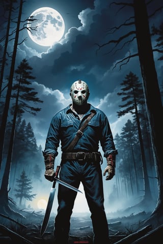 Jason Voorhees, (holding machete), inside forest, cloudy sky, lightning, full moon, 