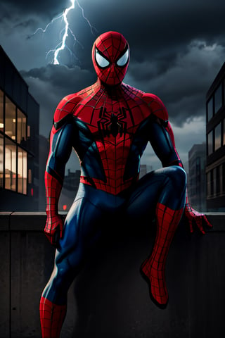 Spider-Man, facial portrait, crouched, On top  of the building, streets below, cars driving, crowds walking, cloudy sky, lightning ,spider-man costume