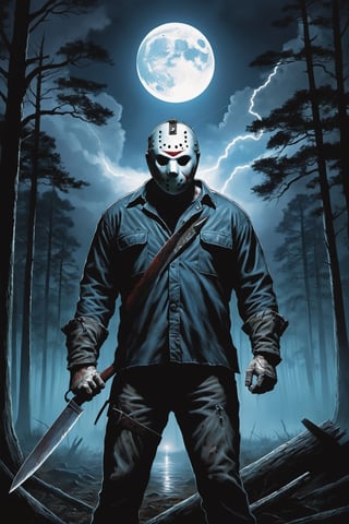 Jason Voorhees, facial portrait,  (holding machete), inside forest, cloudy sky, lightning, full moon, 