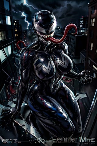 Venom, facial portrait, On top  of the building, streets below, cars driving, crowds walking, cloudy sky, lightning , venom, symbiote