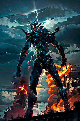 Neon Genesis Evangelion's, facial portrait,  futuristic buildings on fire, cloudy sky, lightning, evangelion mecha, from behind 