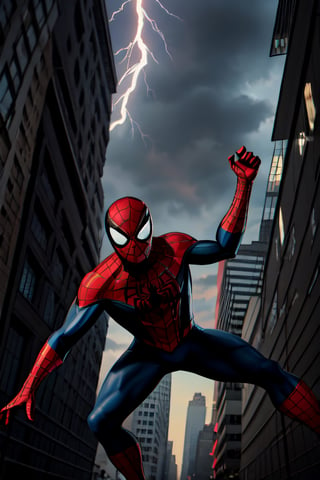 Spider-Man, facial portrait, swinging through the buildings, streets below, cars driving, crowds walking, cloudy sky, lightning ,spider-man costume