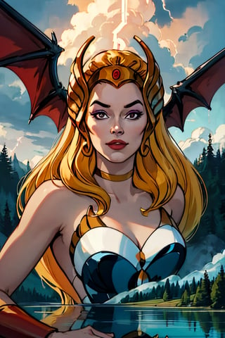 she-ra, facial portrait, sexy stare, smirked, on top of  hill, looking down forest, lake, dragons flying around, cloudy sky, lightning, holding her sword of power