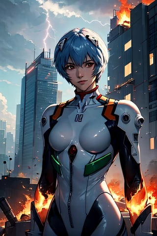 Neon Genesis Evangelion's Rei Ayanami, facial portrait, sexy stare, smirked, rei ayanami, fighting robots, futuristic buildings on fire, cloudy sky, lightning, 