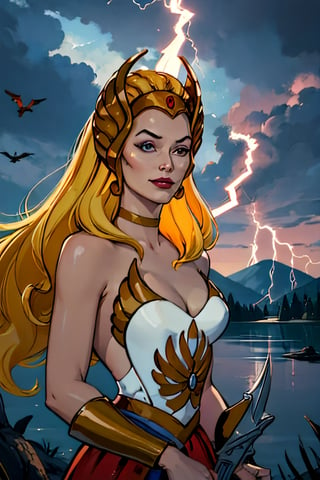 she-ra, facial portrait, sexy stare, smirked, on top of  hill, looking down forest, lake, dragons flying around, cloudy sky, lightning, holding her sword of power