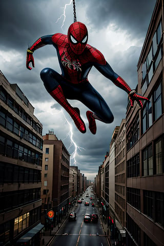 Photorealistic, Spider-Man, facial portrait, swinging through the buildings, streets below, cars driving, crowds walking, cloudy sky, lightning 