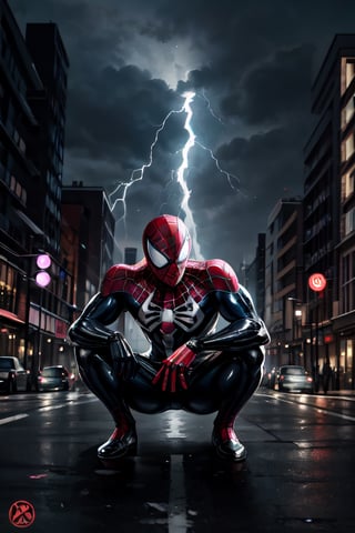 Spider-Man, black costume, facial portrait, crouched, On top  of the building, streets below, cars driving, crowds walking, cloudy sky, lightning , venom