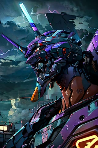 Neon Genesis Evangelion's, unit 01, facial portrait,  futuristic buildings, cloudy sky, lightning, evangelion mecha, 