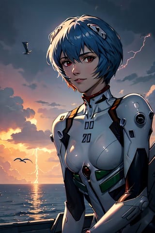 Neon Genesis Evangelion's Rei Ayanami, facial portrait, sexy stare, smirked, on top of orange robot, near shoreline, birds flying around, cloudy sky, lightning ,rei ayanami