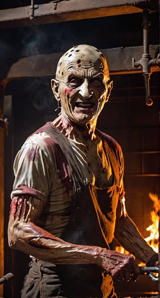 Freddy Krueger, facial  portrait, evil smile, shirt,wearing grove with long clows on right hand, inside old warehouse, dim light, big rusty iron oven, faucets leaking, fire
In your nightmare,