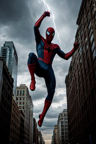 Photorealistic, Spider-Man, facial portrait, swinging through the buildings, streets below, cars driving, crowds walking, cloudy sky, lightning ,spider-man costume