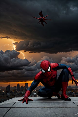 Photorealistic, Spider-Man, facial portrait, on top of building, city below, cloudy sky, lightning, birds flying around, planes, 