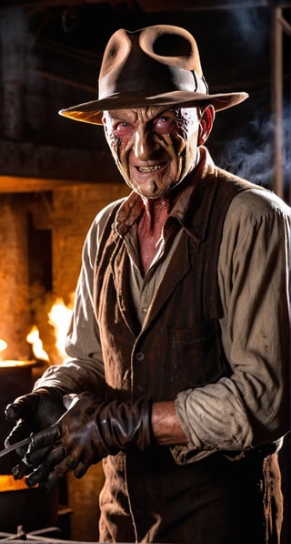 Freddy Krueger, facial  portrait, fedora hat, evil smile, shirt, wearing glove with five long claws on right hand, inside old warehouse, dim light, big rusty iron oven, faucets leaking, fire, from behind 