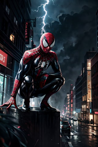 Spider-Man, black costume, facial portrait, crouched, On top  of the building, streets below, cars driving, crowds walking, cloudy sky, lightning , venom