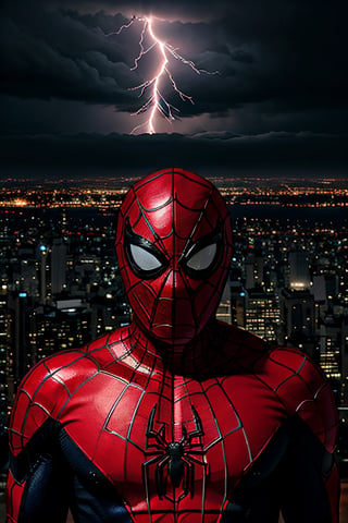 Photorealistic, Spider-Man, facial portrait, on top of building, city below, cloudy sky, lightning, planes flying around, venom lurking, 