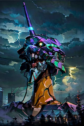 Neon Genesis Evangelion's, unit 01, facial portrait,  futuristic buildings, cloudy sky, lightning, evangelion mecha, 