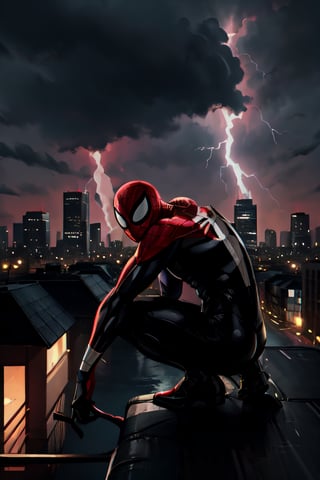 Spider-Man, black costume, facial portrait, crouched, On top  of the building, streets below, cars driving, crowds walking, cloudy sky, lightning , venom