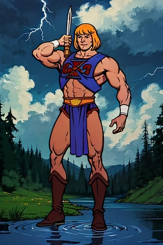 He-man, facial portrait, sexy stare, smirked, full body, on top of hill, forest, lake, cloudy sky, lightning, ,he-man, holding sword of power up