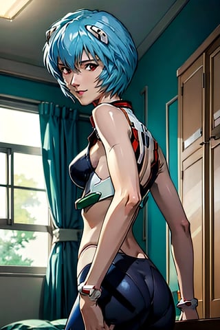 Neon Genesis Evangelion's Rei Ayanami, facial portrait, sexy stare, smirked, inside room, dark, butt shot ,ayanamirei