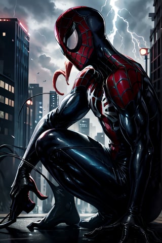 Spider-Man, black costume, facial portrait, crouched, On top  of the building, streets below, cars driving, crowds walking, cloudy sky, lightning , venom