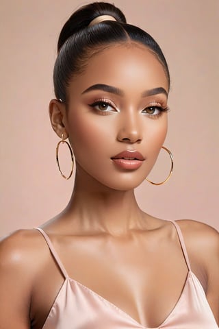 African American woman with sleek, straight hair in a low ponytail, showcasing her natural beauty and makeup look for the aesthetics she wants to convey on social media. She has glossy lips, wearing gold hoop earrings, and is dressed in a light pink sleeveless top. The background features soft beige tones that highlight her facial structure and skin texture --v 6.0 --s 250