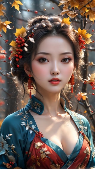 Best quality, high-res, aBeautiful Classical Chinese Women, full body shot, Budding trees, autumn leaves, A snowflake or two, All kinds of everything Remind me of you, illuminated, fantasy, 4k, charming, ultra detailed, artstation, high-detailed, octane render, perfect eyes, perfect lips, brown eyes, makeup, (curvy, voloptuous)