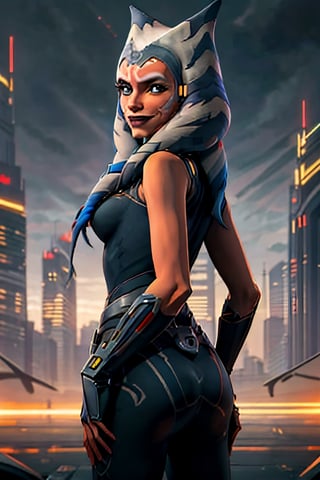 ahsokatano, facial portrait, sexy stare, smirked, futuristic city, cloudy sky, spaceships, butt shot 