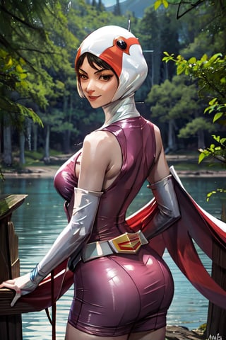 ANI_CLASSIC_jun_gatchaman_ownwaifu, facial portrait, sexy stare, smirked, on top of hill, forest below, lake, cloudy sky, butt shot 