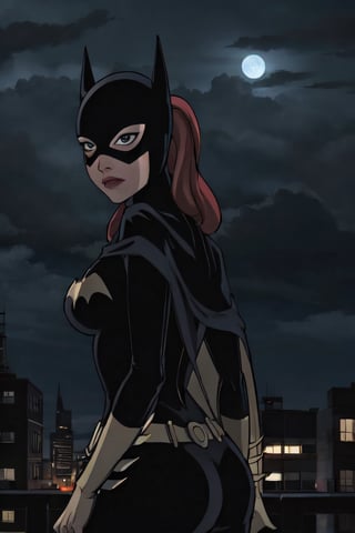 Batgirl, facial portrait, sexy stare, smirked, on top of building, city below, cloudy sky, lightning, full moon, bats flying, butt shot 