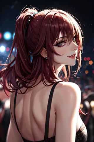 sks woman, facial portrait, sexy stare, smirked, ballroom, lights, crowds, from behind, 
