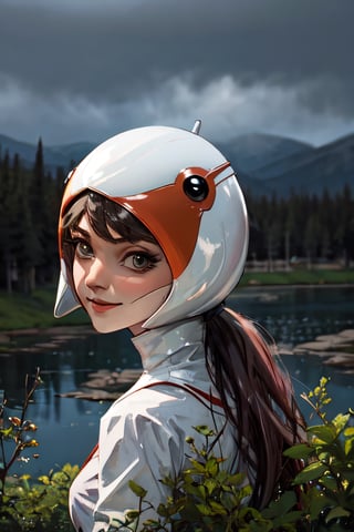 ANI_CLASSIC_jun_gatchaman_ownwaifu, facial portrait, sexy stare, smirked, on top of hill, forest below, lake, cloudy sky, from behind 