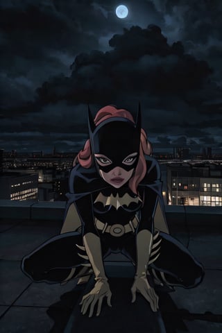 Batgirl, facial portrait, sexy stare, anal portrait, Spreading legs, on top of building, city below, cloudy sky, lightning, full moon, bats flying, 