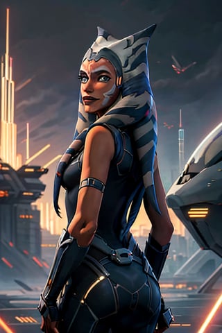 ahsokatano, facial portrait, sexy stare, smirked, futuristic city, cloudy sky, spaceships, butt shot 