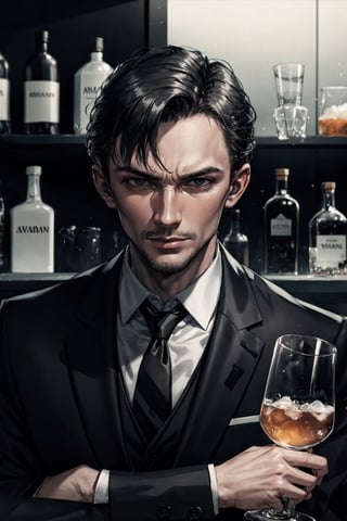 Young James Bond, armani suit, facial portrait, sexy stare, smirked, inside bar, having a drink, women, crowds, 
