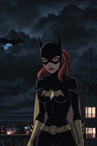 Batgirl, facial portrait, sexy stare, smirked, on top of building, city below, cloudy sky, lightning, full moon, bats flying, crouched 